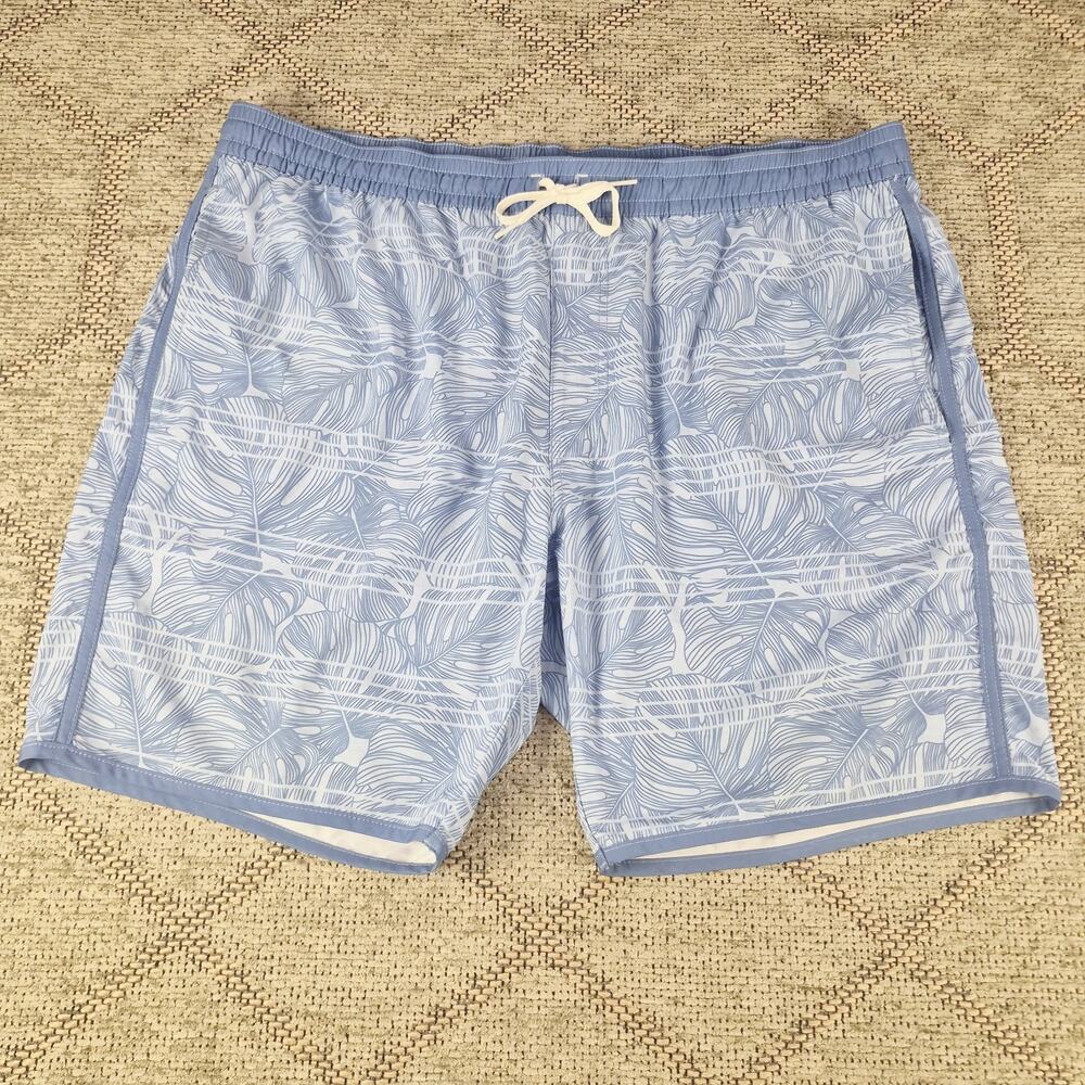 Travis Mathew Swim Trunks Mens XL Blue Tropical Leaf Print Stretch Board Shorts